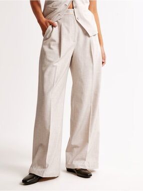 Abercrombie & Fitch Curve Love Harper Tailored Wide-Leg Pants Oatmeal (LONG)